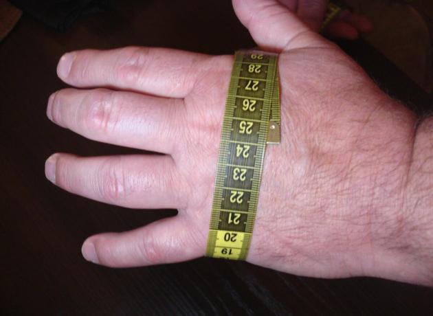 Bild vom Autor (an der breitesten Stelle Palme Abdeckung gleich 24 Zentimeter, die 240 Millimeter sind, dividieren 240 von 27, erhalten wir 8,8, nur die Größe des Handschuh Manns - 9. Es passt alles!)