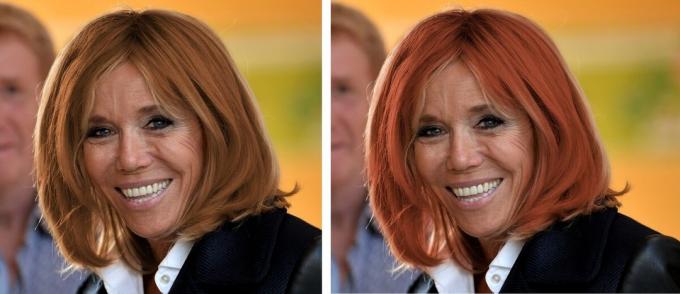 Brigitte Macron. Mit roten Haaren und einem roten Farbton betont Rotstich Gesicht.