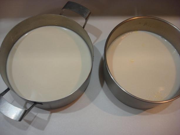 Gemachtes Bild vom Autor (rechts Milch aus einer Thermoskanne auf der linken Seite des Dampfkochtopf)